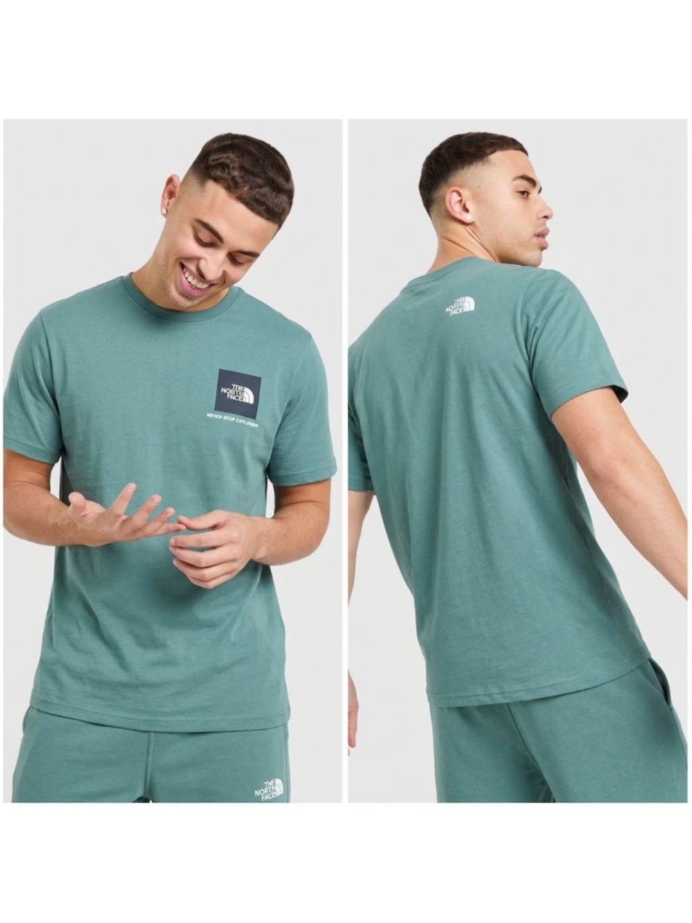 THE NORTH FACE Men's Short Sleeve T-Shirt Size L Teal Green Box Logo Cotton